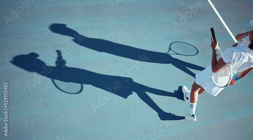 Obraz na plátne Tennis, sports and people on court in sunshine with silhouette or shadow and mockup