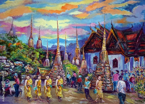  Art painting Oil color temple  Thailand ,   Chedis at Wat Pho Temple     © Kwang Gallery