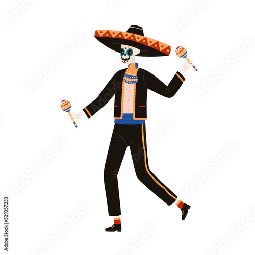 Happy Mariachi skeleton in sombrero hat playing maracas for El Dia de los Mue...