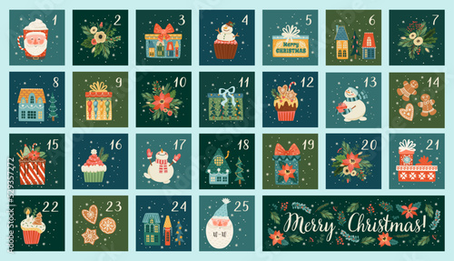 December advent calendar. Cute Christmas illusstrations with new year symbols. Vector design.