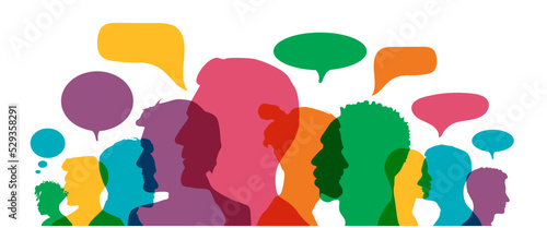 Man and woman head silhouettes with colorful speech bubbles	