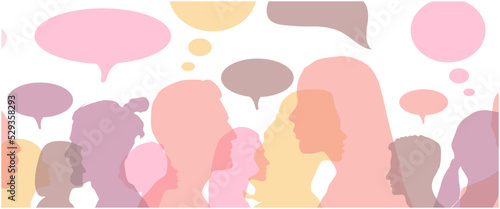 Man and woman head silhouettes with colorful speech bubbles	