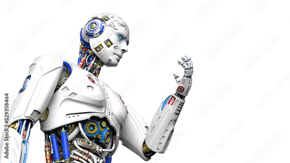 Fototapeta premium Detailed appearance of the white AI robot under white background. Concept image of automatic operation, optimization and block chain. 3D illustration. 3D high quality rendering.