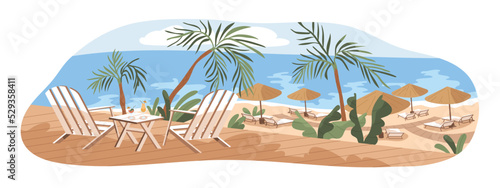 Chaise lounges, umbrellas at luxury sea resort, paid public beach. Deckchairs, parasols at seaside, tropical summer landscape, scenery. Flat graphic vector illustration isolated on white background