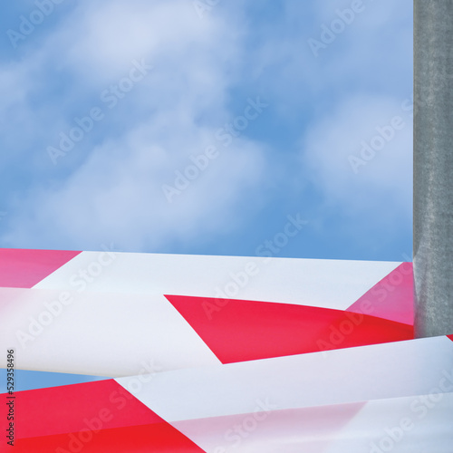 Free Download Large Red White Do Not Cross Ribbon Barricade Tape Copy Space, Detailed Horizontal Sunny Summer Sky Cloudscape Background, Bright Clouds, Grey Metallic Pole Post, Crime Scene Marking Closeup - GFXLoad