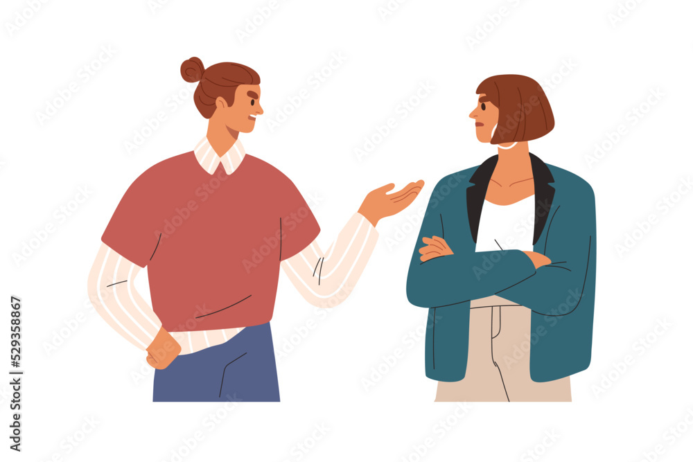 Quarrel, conflict between man and woman employees. Arguing colleagues. Angry discontent business partners argument, misunderstanding. Flat graphic vector illustration isolated on white background Quarrel, conflict between man and woman employees. Arguing colleagues. Angry discontent business partners argument, misunderstanding. Flat graphic vector illustration isolated on white background