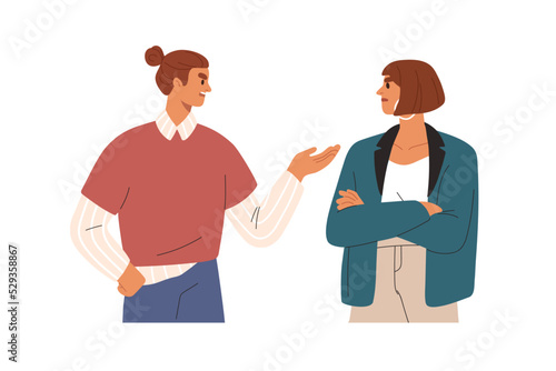 Quarrel, conflict between man and woman employees. Arguing colleagues. Angry discontent business partners argument, misunderstanding. Flat graphic vector illustration isolated on white background