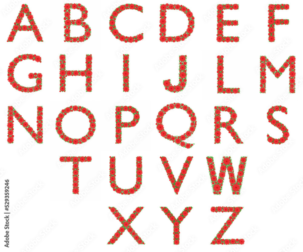 Alphabet made from red flowers and green leaves isolated on white background. Design element. Floral font. Flowers letters. Summer font. 3d illustration Alphabet made from red flowers and green leaves isolated on white background. Design element. Floral font. Flowers letters. Summer font. 3d illustration