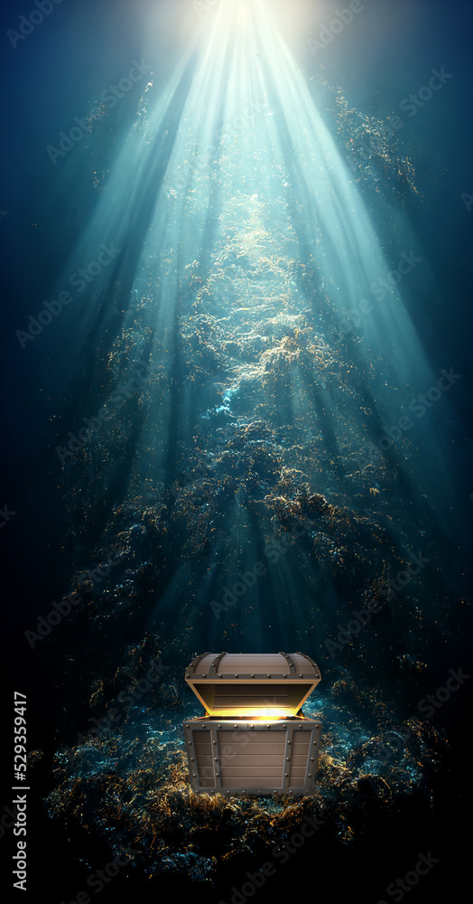 Treasure chest sunken at the bottom of the sea. Wooden trunk on the ...