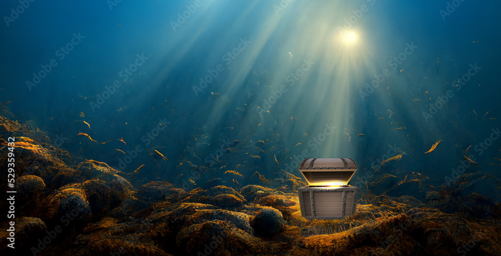 Treasure chest sunken at the bottom of the sea. Wooden trunk on the ...