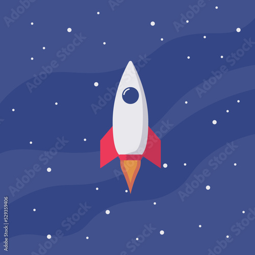 Modern space rocket flying in space illustration with flat design