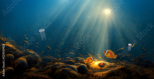 Canvastavla Clownfish hatching egg at the bottom of sea