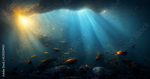 Abstract abyss under sea background. coral reef underwater with sun ray. 3D rendering image. © Itsanan