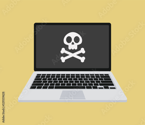 Vector illustration of Laptop system error warning. Virus attention. Hacker attack and web security vector concept, phishing scam. Network and internet security.