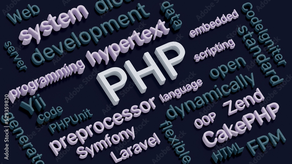 PHP programming language concept 3d illustration. Isometric word cloud of PHP language terms PHP programming language concept 3d illustration. Isometric word cloud of PHP language terms