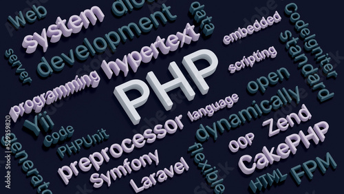 PHP programming language concept 3d illustration. Isometric word cloud of PHP language terms