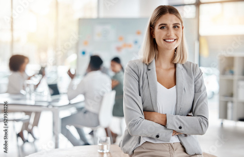 Fotografija Portrait of girl leader or manager at a team planning, collaboration and strategy business meeting