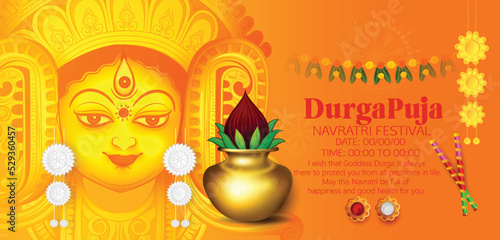 illustration of Goddess Durga Face for Navratri festival in Happy Durga Puja Shubh Navratri Indian religious festival © IndigoArt