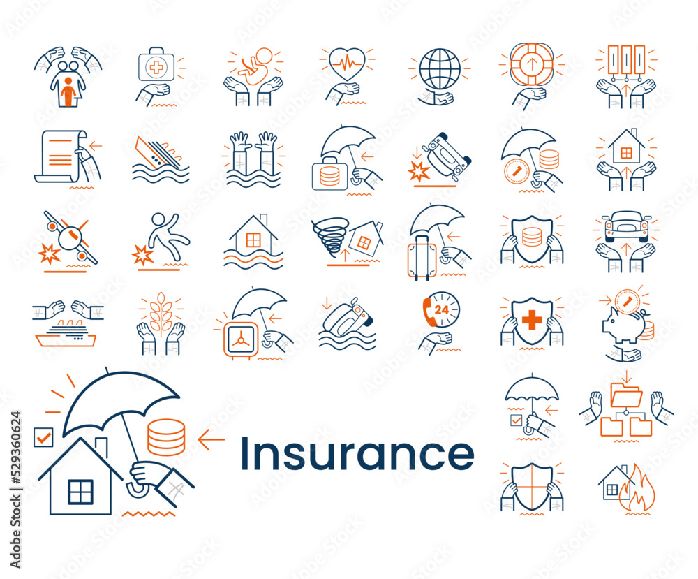 Concept icons set. Collection of different Insurance scenes and situations. Car insurance, accident, health insurance, life insurance