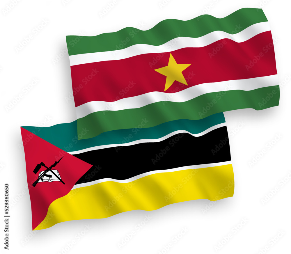 Flags of Republic of Mozambique and Republic of Suriname on a white background Flags of Republic of Mozambique and Republic of Suriname on a white background