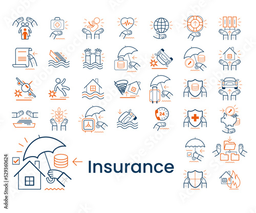 Concept icons set. Collection of different Insurance scenes and situations. Car insurance, accident, health insurance, life insurance