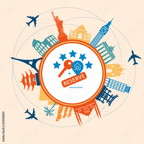 Hotel booking concept. Travel icons, hotel booking, vacation location search.