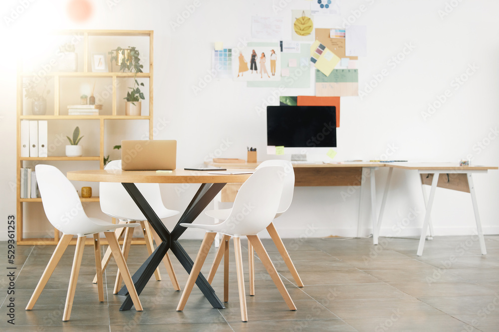 Fototapeta premium Office interior design, workspace building and desk table with wood chairs. Industrial professional room, concrete floor and white wall paint. Idea style storyboard, modern computer and empty decor