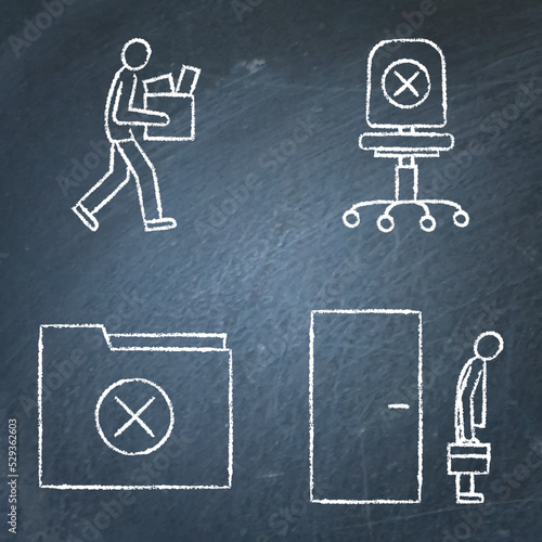 Staff reduction icon set on chalkboard