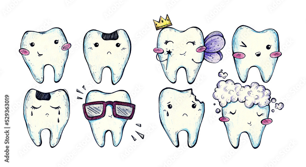 dentistry and teeth doodle illustration with watercolor pencils