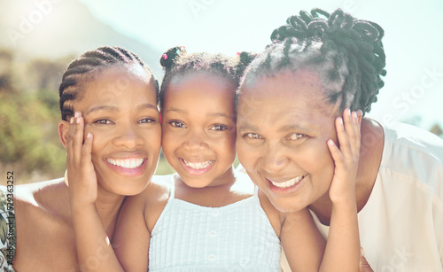 Cuadro en lienzo Face portrait, grandmother or mother and daughter with a smile on holiday, vacation or trip