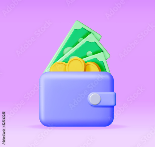 3D Dollar Banknotes and Coins in Leather Wallet. Money in Purse. Payment Exchange. Render Money Bills. Growth, Income, Savings, Investment. Symbol of Wealth. Business Success. Vector illustration.