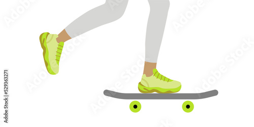 Person skateboards. Girl or guy legs standing on skateboard. Casual comfortable shoes and clothing. Flat Vector isolated Environmentally friendly transport, sports, alternative transportation.