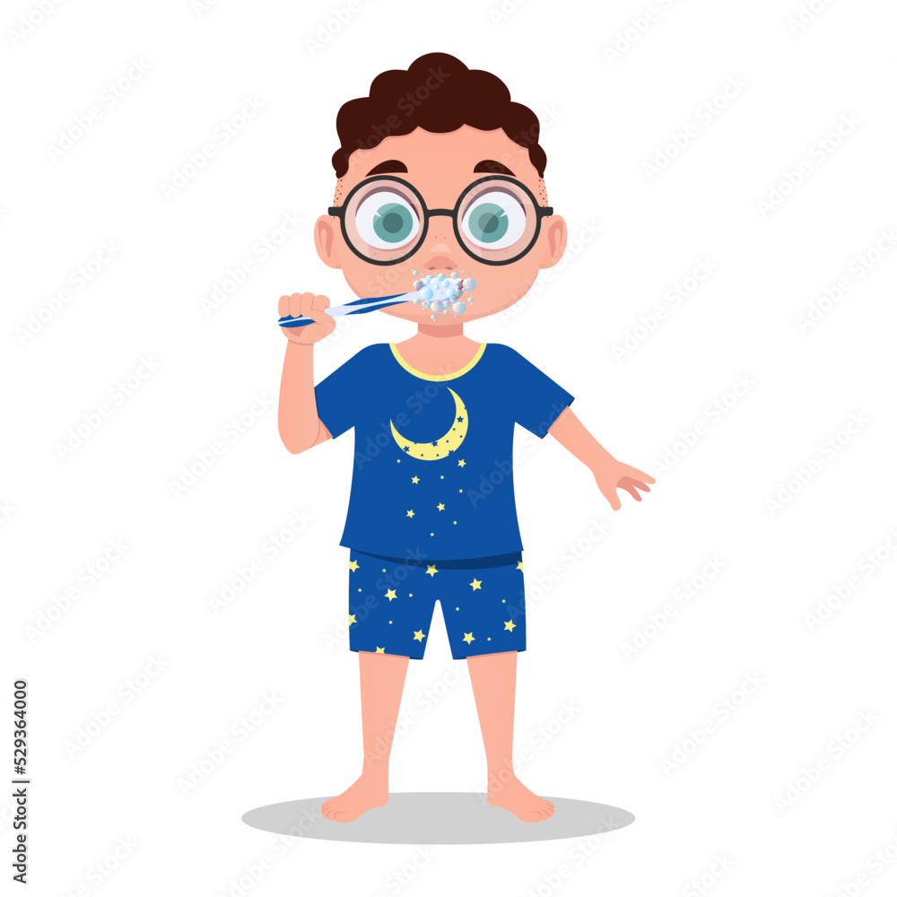 A child in pajamas brushes his teeth. vector illustration
