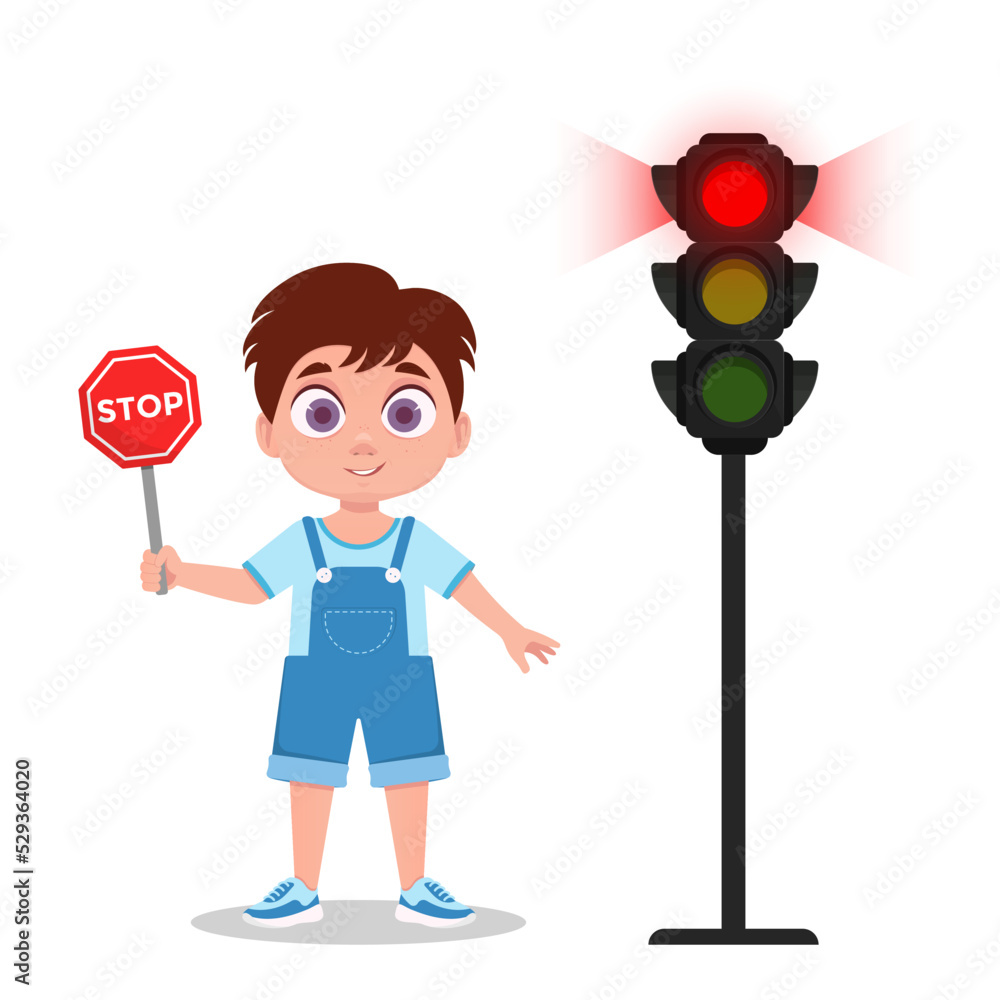 A child with a road sign. The traffic light shows a red signal. Vector illustration