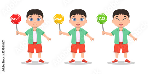 Boys set, schoolboy with road sign. Vector illustration