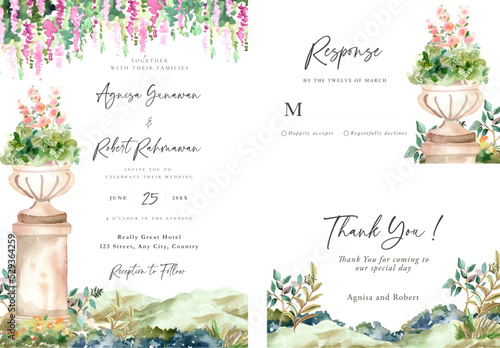  Wedding invitation card with watercolor with romantic floral urns and willow trees
