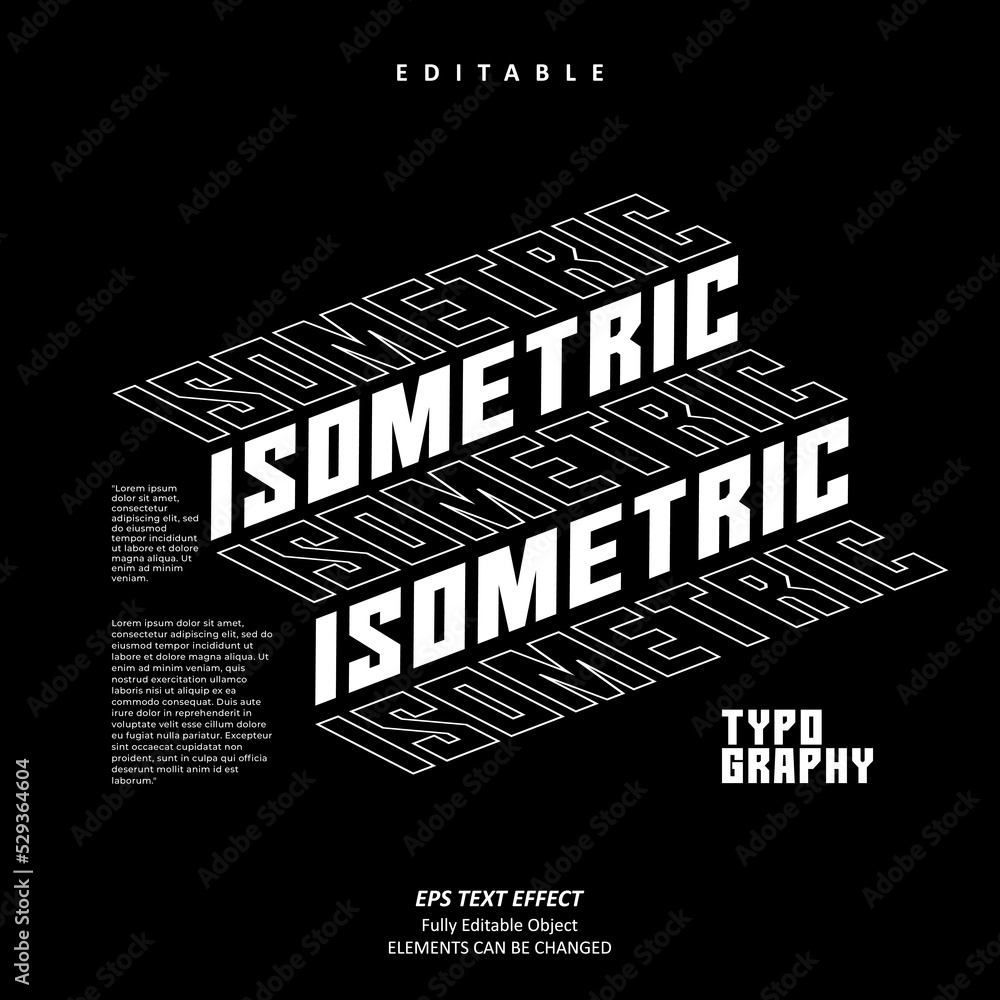 Bottom Line Typography Editable Text Effect Vector of Black White Line Kinetic Isometric ...