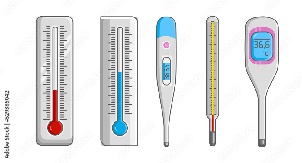 Classic medical mercury and electronic thermometer for temperature measurement Medical thermometer. Degree thermometer device isolated icons set. Healthcare and medical equipment illustration Classic medical mercury and electronic thermometer for temperature measurement Medical thermometer. Degree thermometer device isolated icons set. Healthcare and medical equipment illustration
