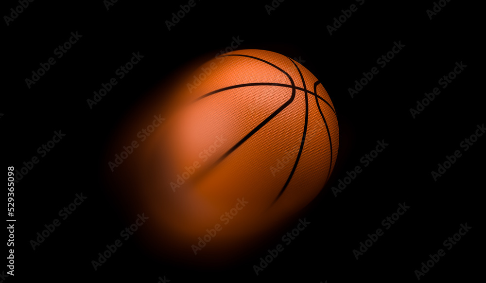 3D rendering, Close up orange basketball flying with motion blur movement, isolated on black background.