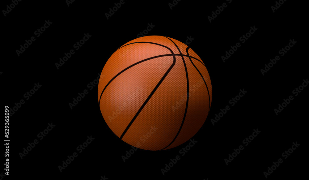 3D rendering, Close up orange basketball with black striped flying with the shadow, isolated on black background.