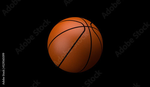 3D rendering, Close up orange basketball with black striped flying with the shadow, isolated on black background.