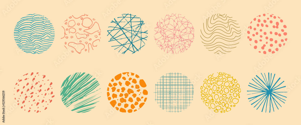 Set of round abstract colored hand drawn doodle shapes. Backgrounds in the form of a circle of spots, lines, splashes, curves, stripes and dots. Set of round abstract colored hand drawn doodle shapes. Backgrounds in the form of a circle of spots, lines, splashes, curves, stripes and dots.