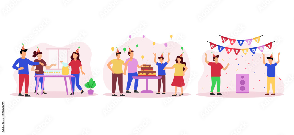 Birthday Party with Friends Scene Flat Bundle Design Birthday Party with Friends Scene Flat Bundle Design