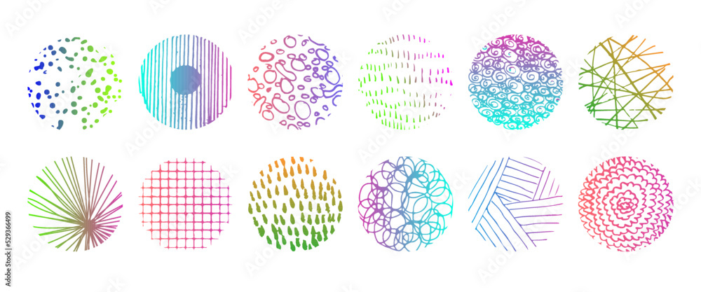 Set of round abstract colored hand drawn doodle shapes. Spots, drops, curves, lines. Backgrounds in the form of a circle of spots, lines, splashes, stripes and dots.