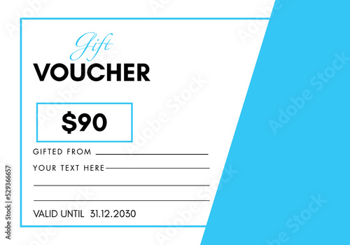 90 Dollar discount for shopping template design isolated on sky blue and white background. Special offer gift voucher template to save money. Gift certificates, coupon code, gift cards, tickets.