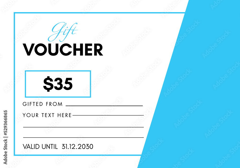 35 Dollar discount for shopping template design isolated on sky blue and white background. Special offer gift voucher template to save money. Gift certificates, coupon code, gift cards, tickets.