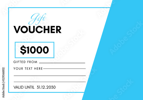 1000 Dollar discount for shopping template design isolated on sky blue and white background. Special offer gift voucher template to save money. Gift certificates, coupon code, gift cards, tickets.
