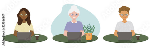 Set of computer workers. An African-American woman, an old woman and a white student are sitting at a table, at a laptop. Vector illustration of isolated objects.