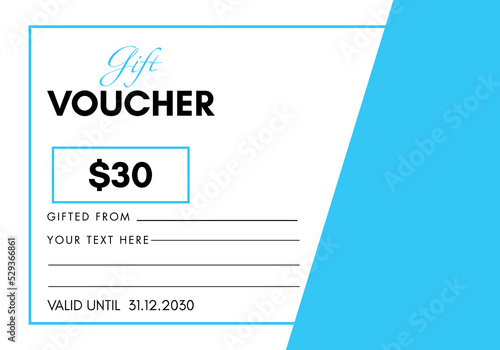 30 Dollar discount for shopping template design isolated on sky blue and white background. Special offer gift voucher template to save money. Gift certificates, coupon code, gift cards, tickets.