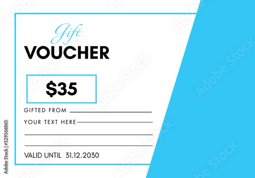 35 Dollar discount for shopping template design isolated on sky blue and white background. Special offer gift voucher template to save money. Gift certificates, coupon code, gift cards, tickets.